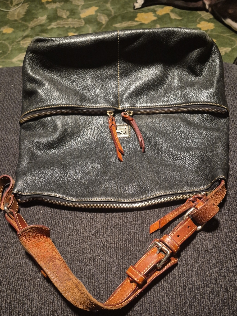 Dooney & Bourke Black Pebbled Leather Messenger with Brown Strap